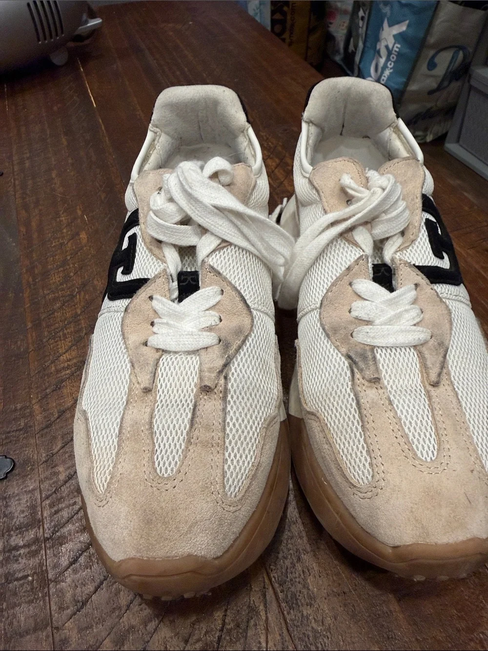 White & Beige Women’s Casual Sneakers with Black Logo